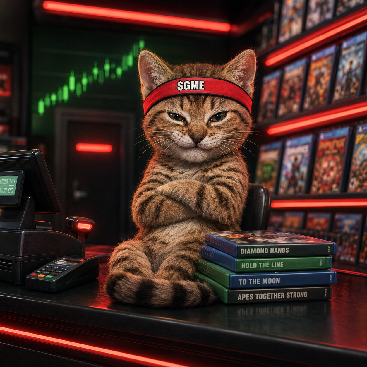 GME kitten at GameStop counter